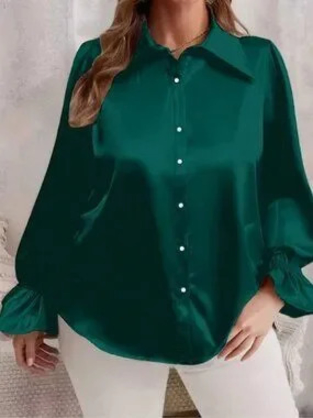 ZARA Dark Green Regular Women's V-Neck Loose Button-Up Bishop Sleeve Shirt
